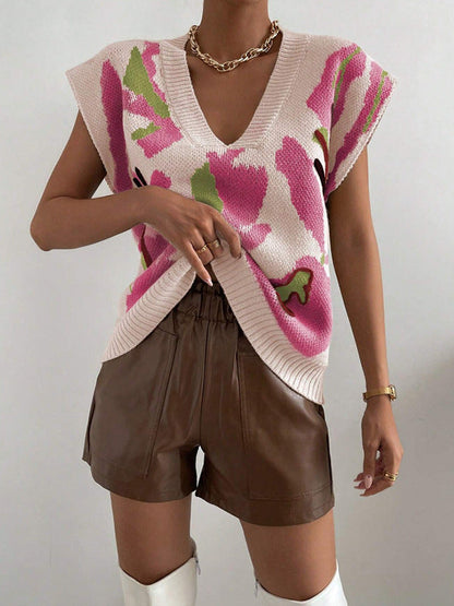 Women’s Knitted Vest – Soft Knit – Loose Fit – V-Neck – Jacquard Pattern – Ribbed Hem