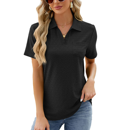 Women’s Polo Shirt – Relaxed Fit – Textured Knit – Open Collar – Chest Pocket