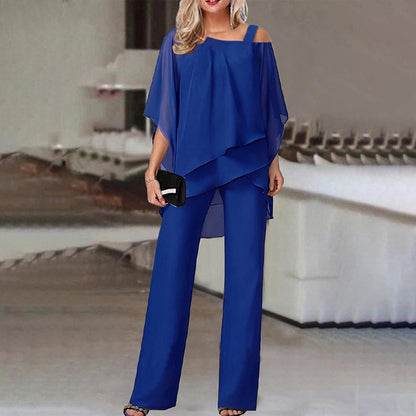 Women’s Two-Piece Set - Chiffon - Cold Shoulder - Tiered Layering