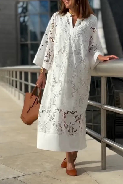 Women’s Lace Dress – Relaxed Fit – V-Neck – Long Sleeve – Full Length Elegant Style