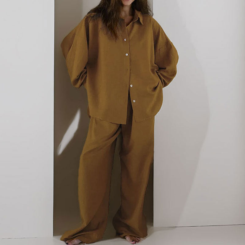 Women’s Two-Piece Set – Linen Blend – Oversized Fit – Button-Down Shirt & Wide-Leg Pants