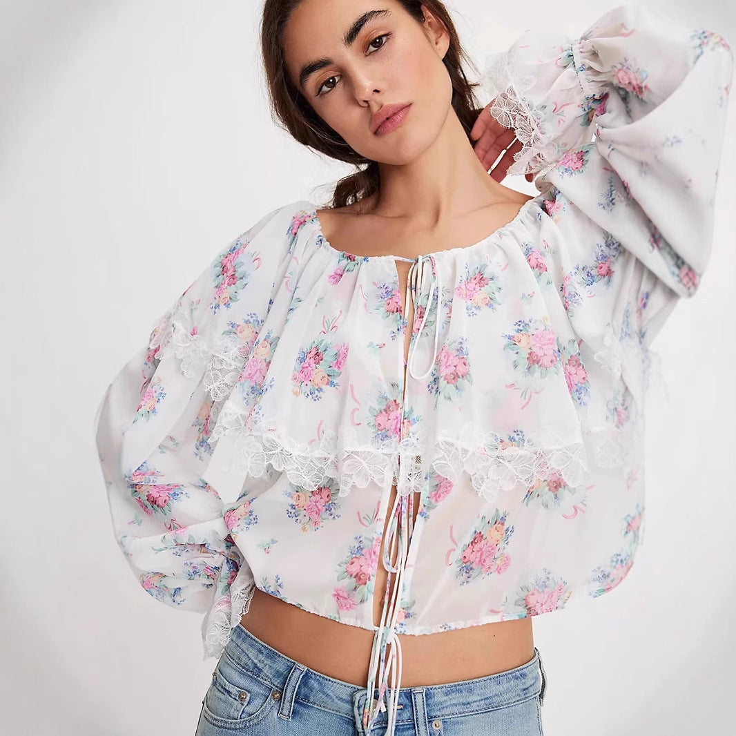 Women’s Chiffon Blouse – Floral Print – Lace Trim – Tie Front – Loose Fit Long Sleeve