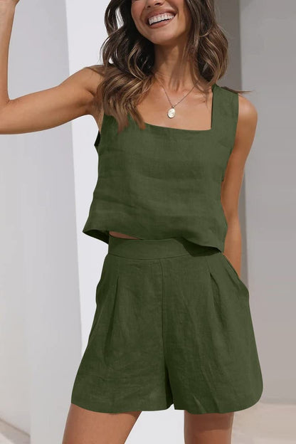 Women’s Two-Piece Set – Linen Blend – Cropped Sleeveless Top – High Waist Pleated Shorts