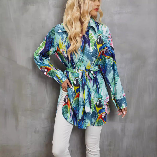 Women’s Long Sleeve Shirt – Tropical Print – Waist Tie – Button Down – Relaxed Fit