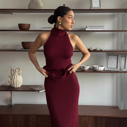 Women’s Midi Dress – Slim Fit Ribbed Knit – High-Neck Halter – Backless Sleeveless