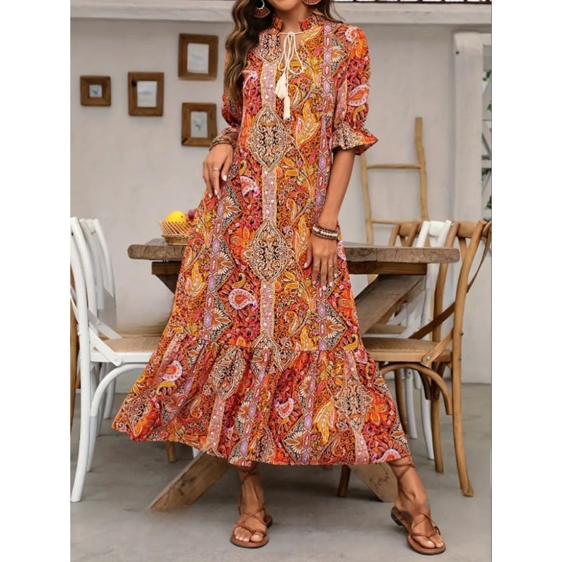 Women’s Midi Dress – Relaxed Fit – Ruffle Sleeves – Boho Print – Tie Neckline