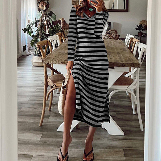 Women’s Maxi Dress – Loose Fit – V-Neck – Long Sleeve – Slit Hem – Stripe Print