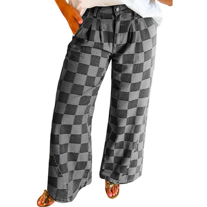 Women’s Wide-Leg Jeans – Checkerboard Print – Relaxed Fit – Denim