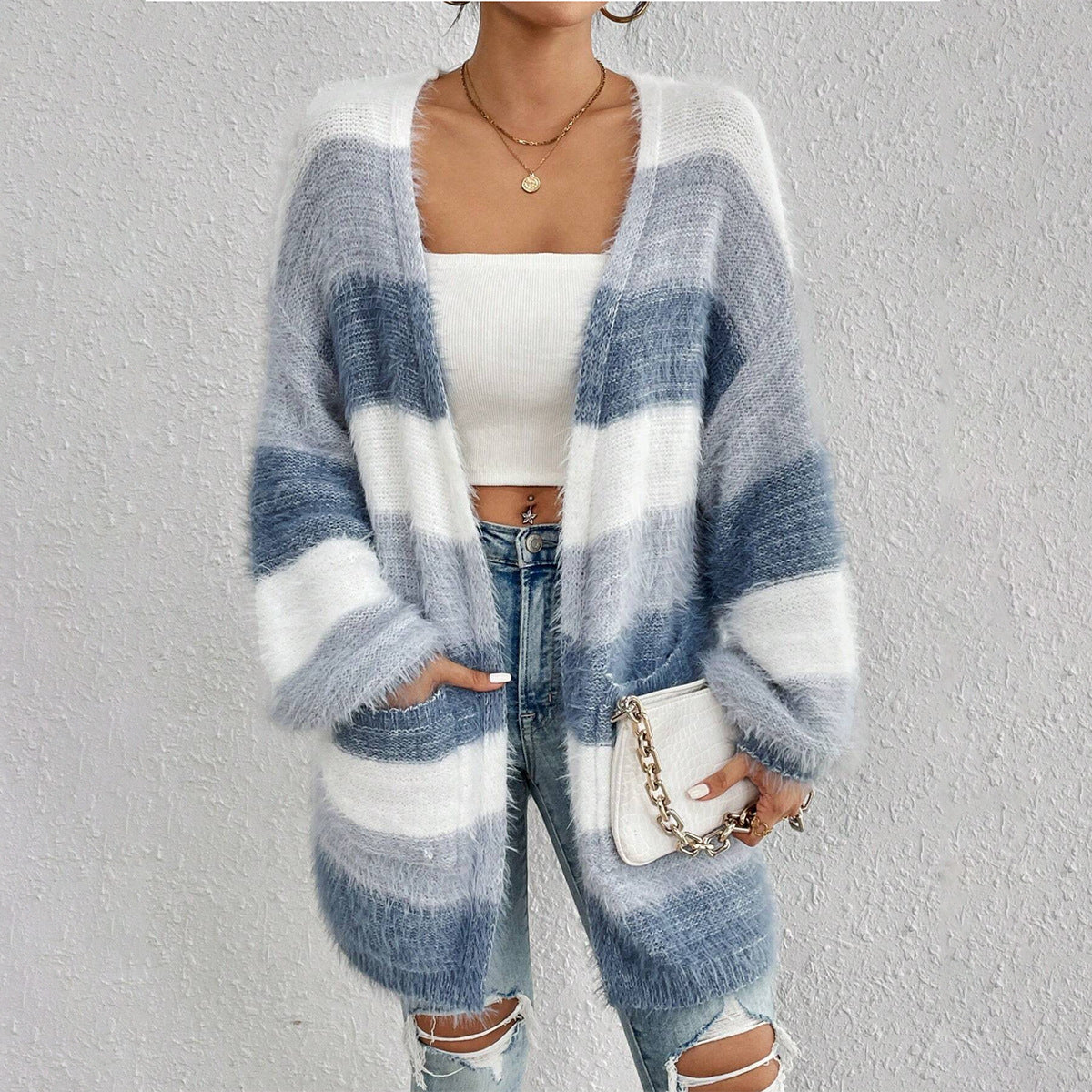 Women’s Knit Cardigan – Oversized Fit – Plush Texture – Open Front – Striped Long Sleeve