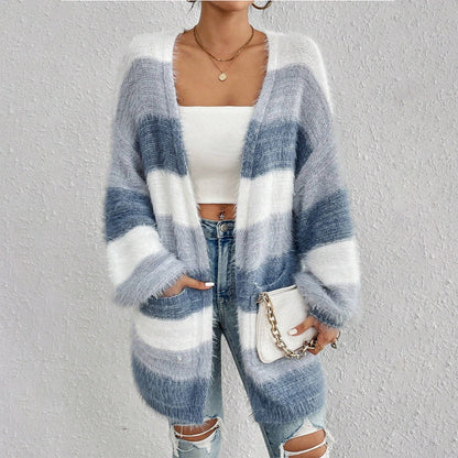 Women’s Knit Cardigan – Oversized Fit – Plush Texture – Open Front – Striped Long Sleeve