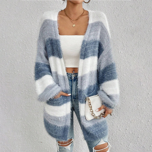 Women’s Knit Cardigan – Oversized Fit – Plush Texture – Open Front – Striped Long Sleeve
