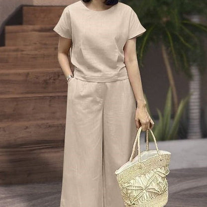 Women’s Two-Piece Set – Relaxed Fit Breathable Blend – Crew Neck Top – Wide-Leg Pants