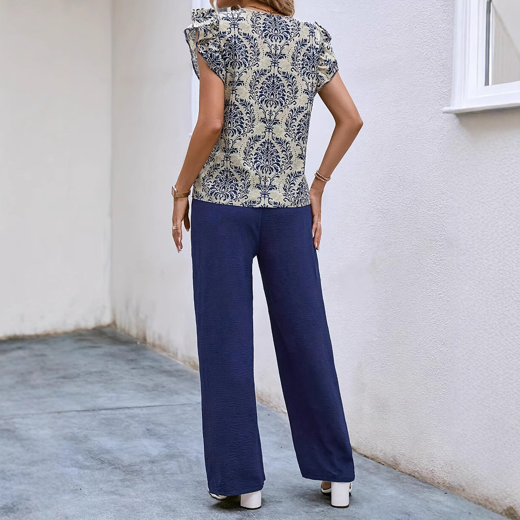 Women’s Matching Set – V-Neck Floral Top Relaxed Fit – Wide-Leg Pants with Belt