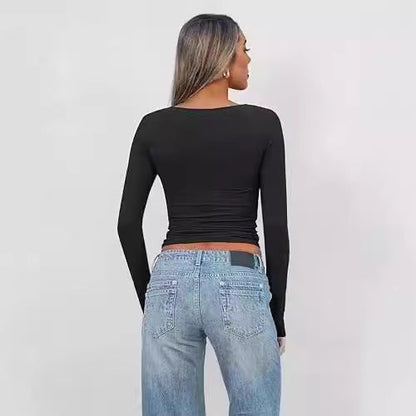 Women’s Long Sleeve Top – Slim Fit – V-Neck – Cropped Twist Front Design