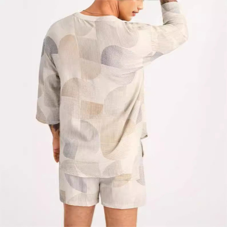 Men’s Casual Set – Lace-Up Shirt and Shorts – Relaxed Fit – Lightweight Breathable Fabric