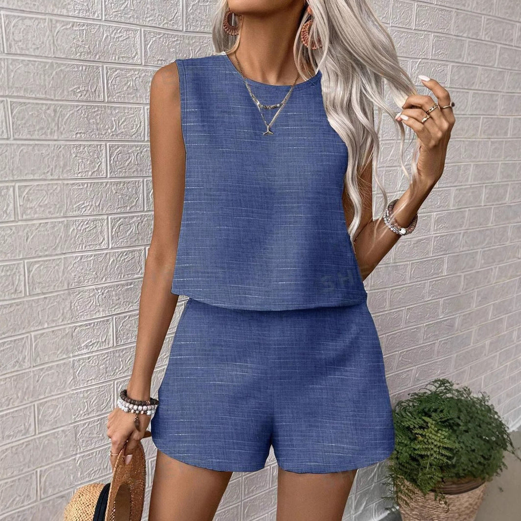 Women’s Top and Shorts Set – Lightweight Linen Feel – Relaxed Fit – Sleeveless Casual