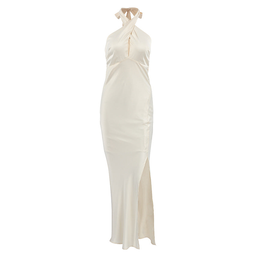 Women’s Evening Gown – Satin Mermaid Fit – Halter Neck – Keyhole Front Detail