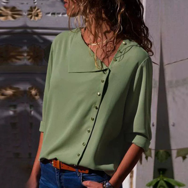 Women’s Shirt – Relaxed Fit – Cotton Feel – Asymmetrical Button Front – 3/4 Sleeve