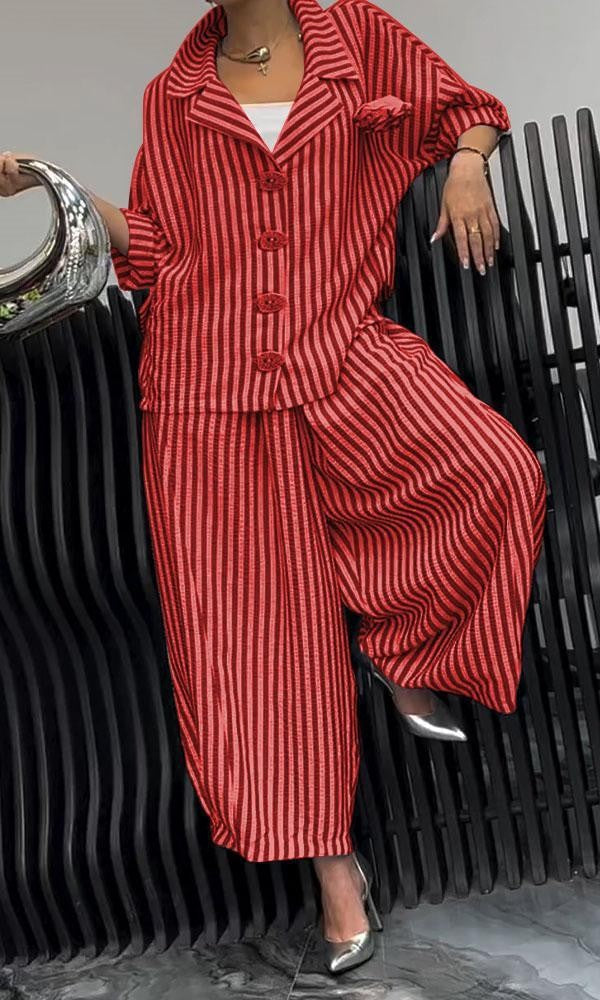 Women’s Two-Piece Set – Relaxed Fit – Cotton Blend – Striped – Notched Lapel – Button Front