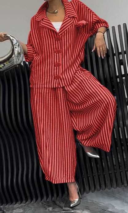 Women’s Two-Piece Set – Relaxed Fit – Cotton Blend – Striped – Notched Lapel – Button Front