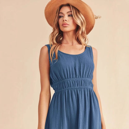 Women’s A-Line Dress – Sleeveless – Midi Length – Elastic Waist – Side Slit – Relaxed Fit