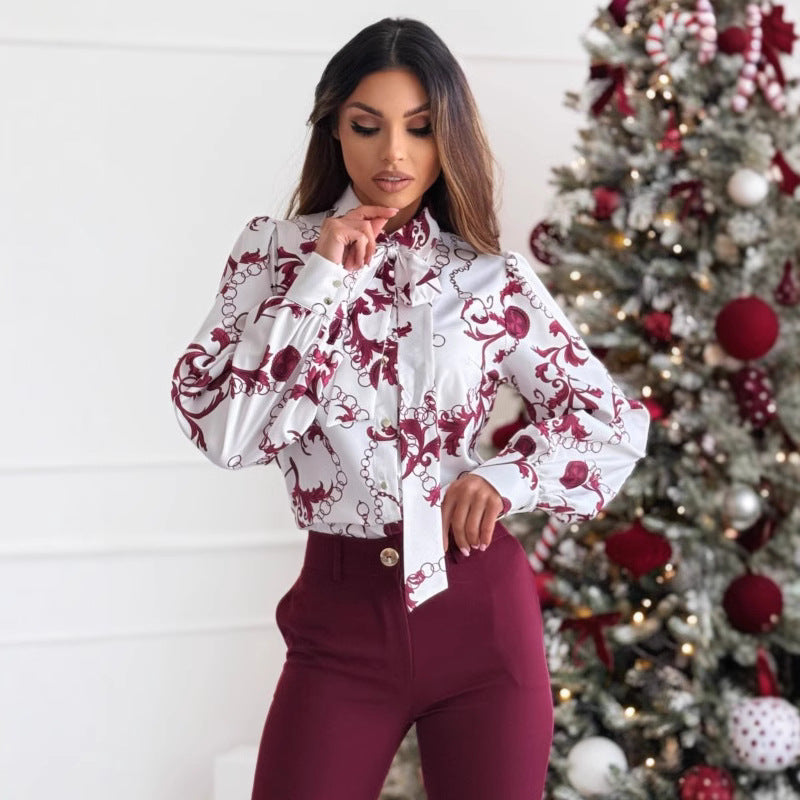 Women’s Long Sleeve Shirt – Tailored Fit – Satin Look – Bow Tie Collar – Printed Design