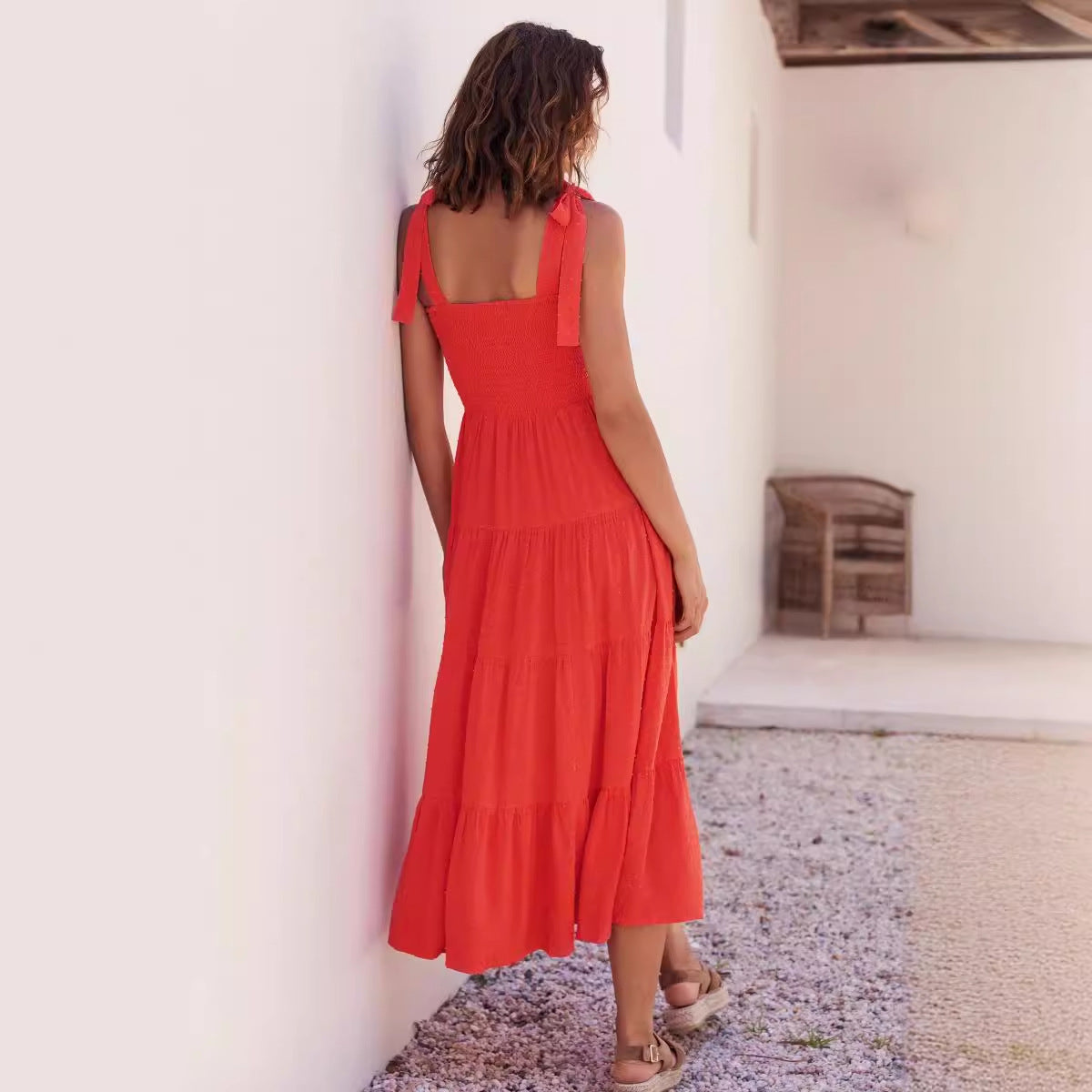 Women’s Midi Dress – Smocked Bodice – Adjustable Straps – Tiered Flowing Skirt