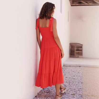 Women’s Midi Dress – Smocked Bodice – Adjustable Straps – Tiered Flowing Skirt