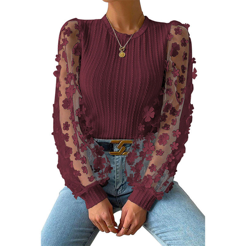 Women’s Long Sleeve Shirt – Slim Fit – Ribbed Bodice – Sheer Floral Mesh Sleeves
