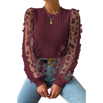 Women’s Long Sleeve Shirt – Slim Fit – Ribbed Bodice – Sheer Floral Mesh Sleeves