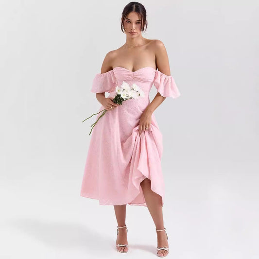 Women’s Midi Dress – Off-Shoulder – Flared Fit – Jacquard Texture – Sweetheart Neckline