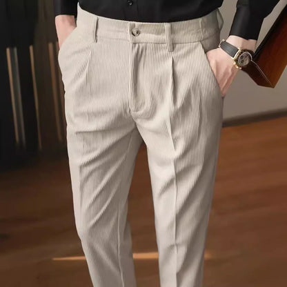 Men’s Corduroy Trousers – Slim Fit – Pleated Front – Full Length – Smart Casual