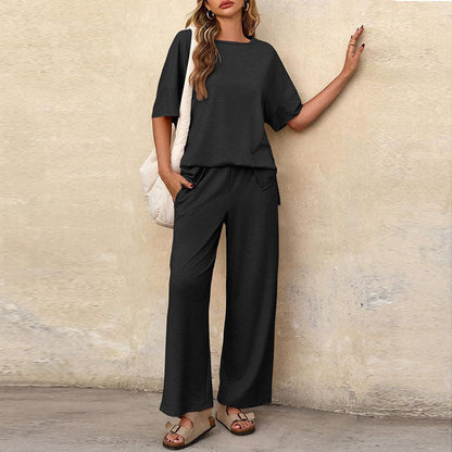 Women’s Two-Piece Set – Cotton Blend – Relaxed Fit – Short Sleeve Top & Wide-Leg Pants
