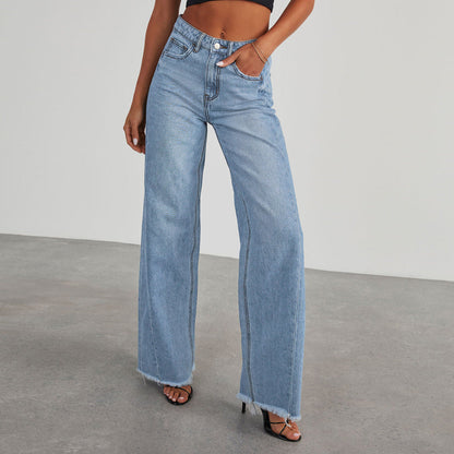 Women’s Wide-Leg Jeans – Washed Denim – Relaxed Fit – High Waist – Frayed Hem