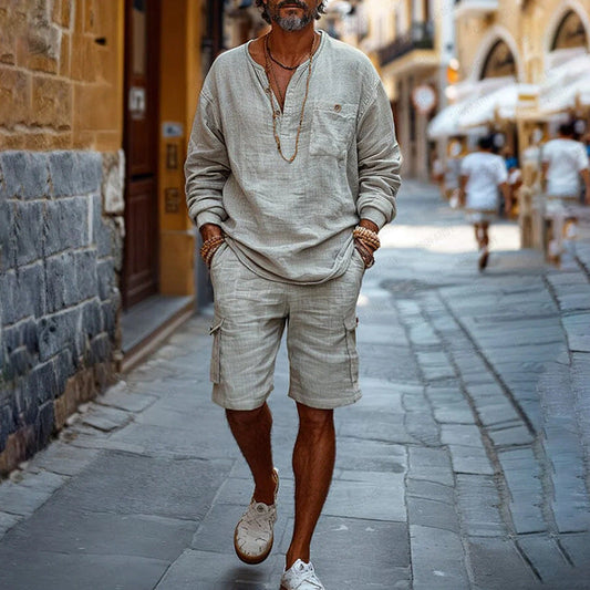 Men’s Casual Set – Breathable Blend – Relaxed Fit – V-Neck Long Sleeve – Cargo Shorts