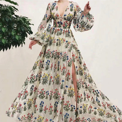 Women’s Maxi Dress - Sheer Fabric - Flowing Silhouette - V-Neck - Embroidered Floral
