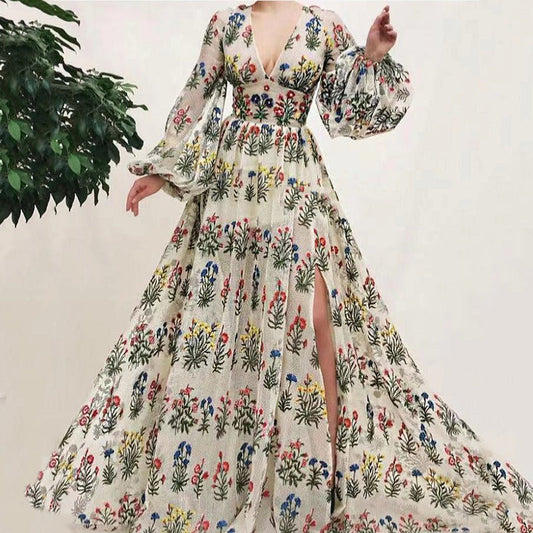 Women’s Maxi Dress - Sheer Fabric - Flowing Silhouette - V-Neck - Embroidered Floral