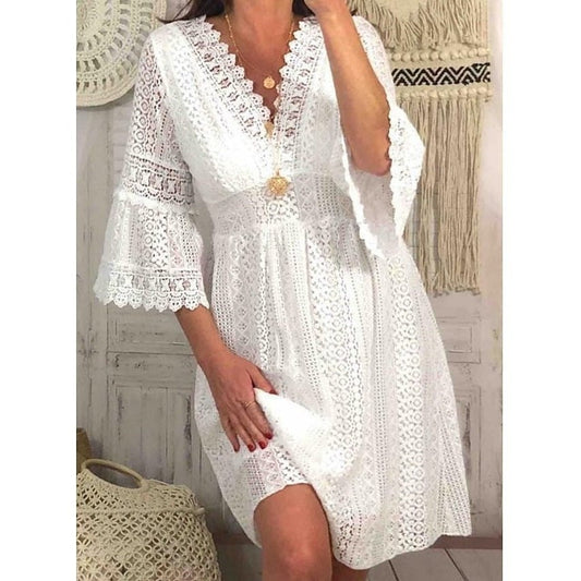 Women’s Lace Dress – A-Line Fit – V-Neck – Bell Sleeves – Knee Length Elegant Style