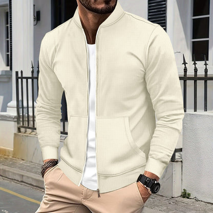 Men’s Zip Jacket – Athletic Fit – Textured Fabric – Ribbed Trim – Front Pockets