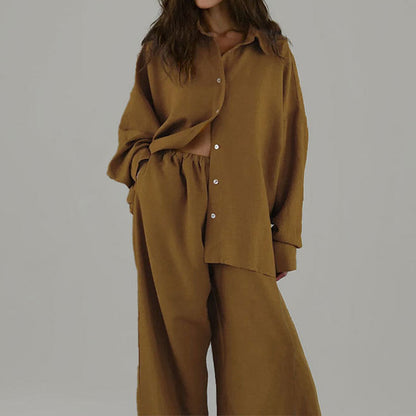 Women’s Two-Piece Set – Oversized Shirt with Knot – Wide Leg Pants – Cotton Blend