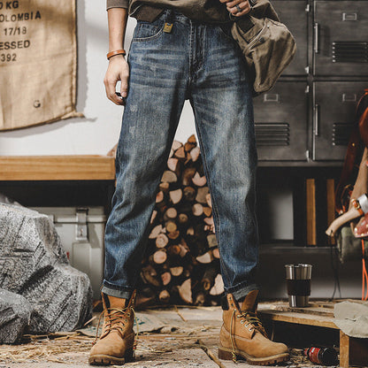 Men’s Jeans – Relaxed Fit – Straight Leg – Stone Washed Distressed Denim – Casual Wear
