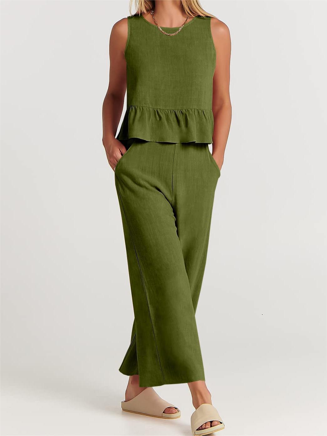 Women’s Two-Piece Set – Relaxed Fit – Sleeveless – Round Neck – Lightweight Cotton Blend