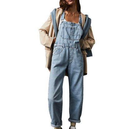 Women’s Denim Overalls – Loose Fit – Wide Leg – Adjustable Straps – Patch Pockets