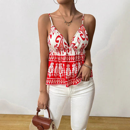 Women’s Cropped Camisole Top – Slim Fit – Deep V-Neck – Ruched Bust – Printed Pattern