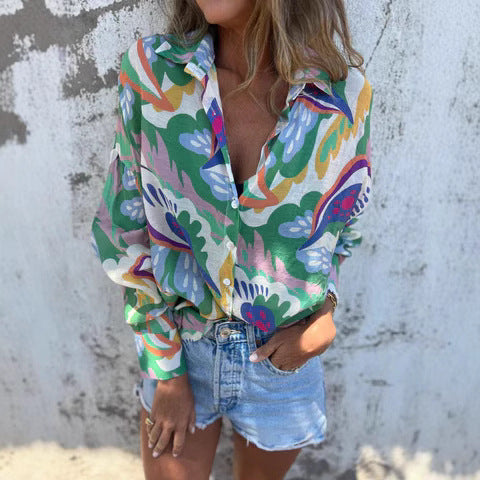 Women’s Button-Up Shirt - Cotton Blend - Oversized Fit - Bold Botanical Print