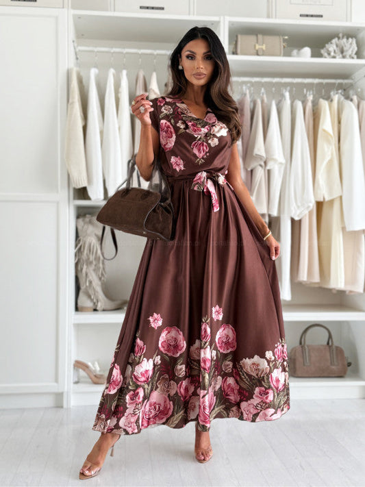 Women’s Maxi Dress – Wrap Style – Cotton – Floral Print – Voluminous Sleeves – Belted Waist