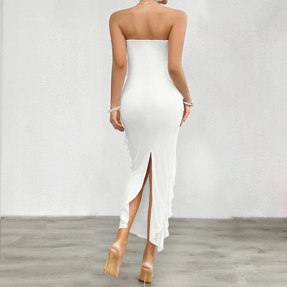 Women’s Strapless Dress – Bodycon Fit – Full Length – Asymmetrical Ruffle Detail