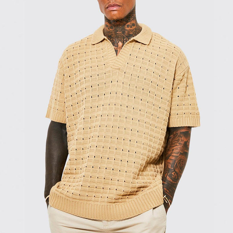 Men’s Knit Polo Shirt – Relaxed Fit – V-Neck – Short Sleeve – Breathable Ribbed Hem
