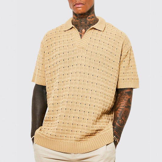Men’s Knit Polo Shirt – Relaxed Fit – V-Neck – Short Sleeve – Breathable Ribbed Hem