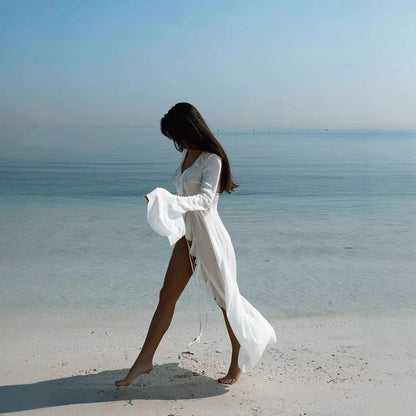 Women’s Cover-Up Dress – Long Sleeve – Ruffled Trim – Sheer Lightweight Open Front